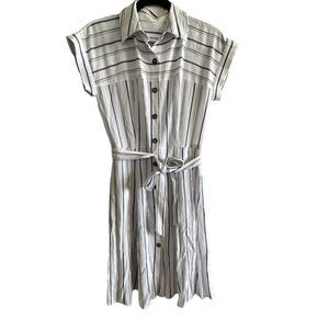 Calvin Klein ~ White with blue stripes belted dress ~ capped sleeves ~ size 2